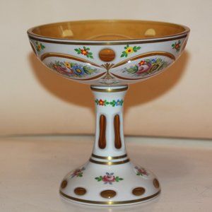 Vintage Bohemian Moser Czech White Cut To Yellow Compote Pedestal Bowl 7.5"